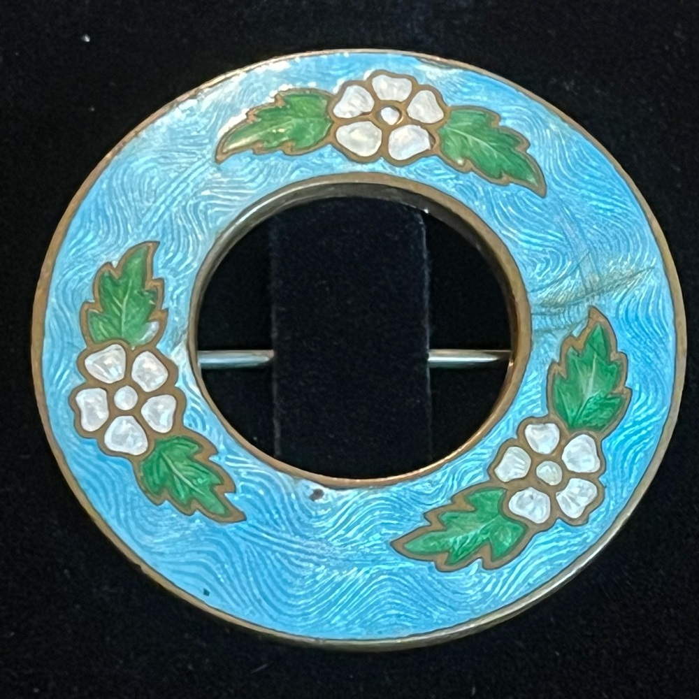 Vintage Cloisonné Enamel Circle Brooch – Blue Floral “Genuine Cloisonné”